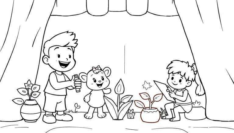 Crianças e um urso de pelúche num palco para colorir, com um color panel.