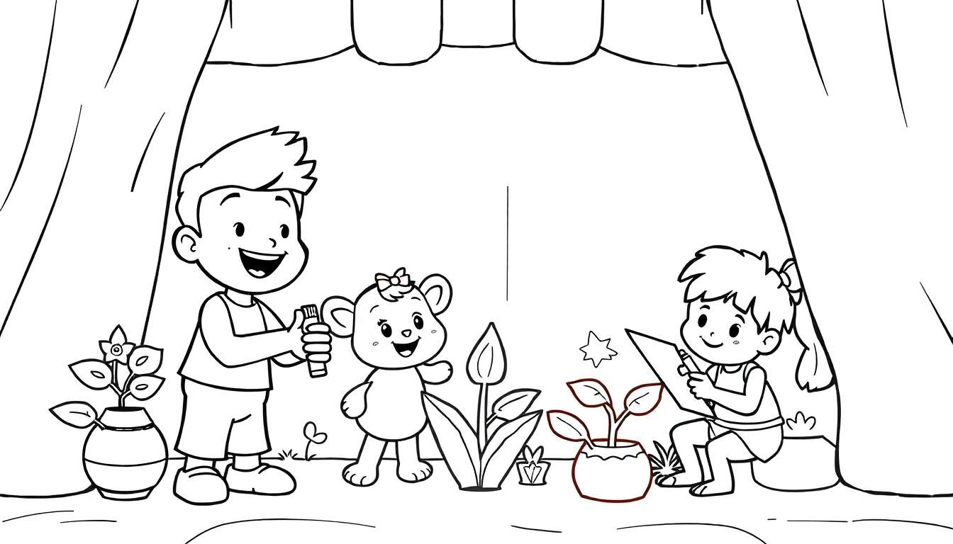 Crianças e um urso de pelúche num palco para colorir, com um color panel.