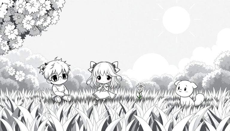 Desenho em preto e branco de três personagens chibi fofos, um menino com óculos, uma menina com vestido e um cachorrinho, sentados em um campo com grama alta e um sol brilhante ao fundo. O conjunto é ideal para um color panel.