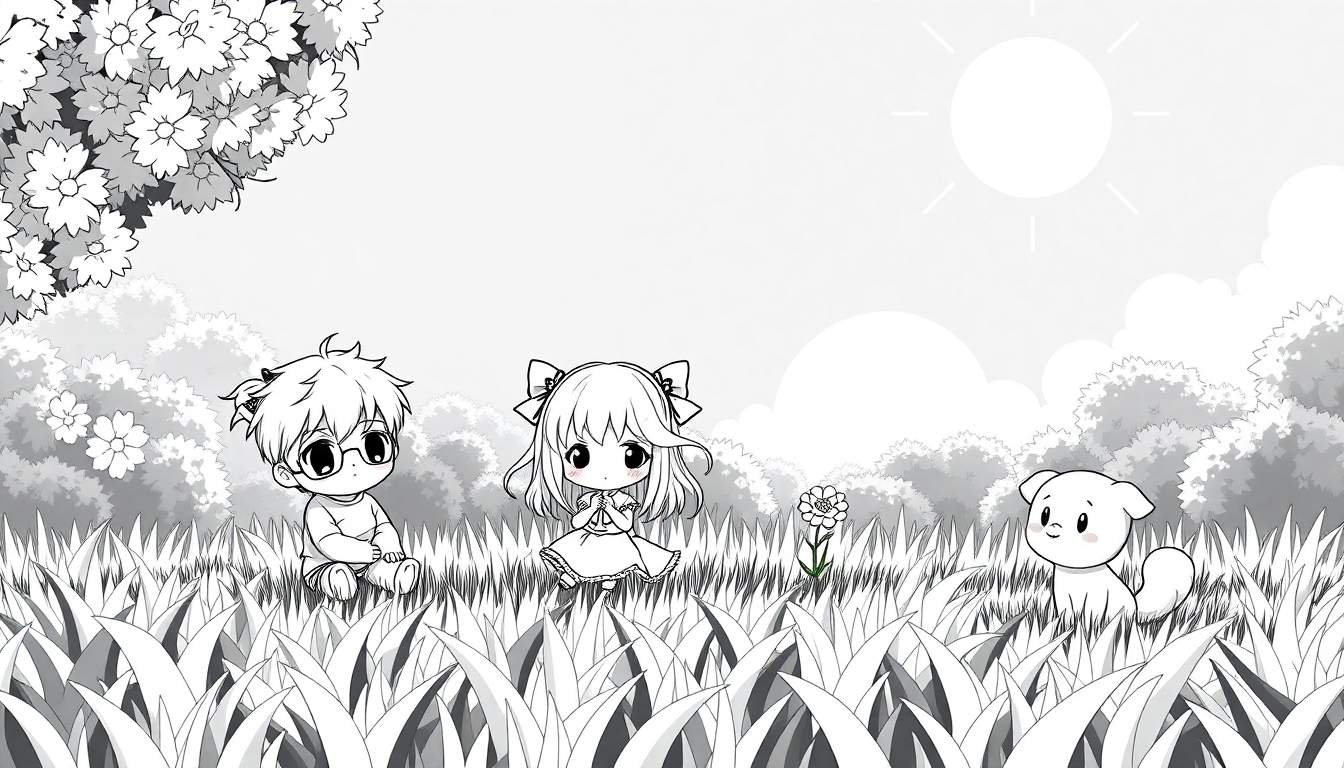 Desenho em preto e branco de três personagens chibi fofos, um menino com óculos, uma menina com vestido e um cachorrinho, sentados em um campo com grama alta e um sol brilhante ao fundo. O conjunto é ideal para um color panel.