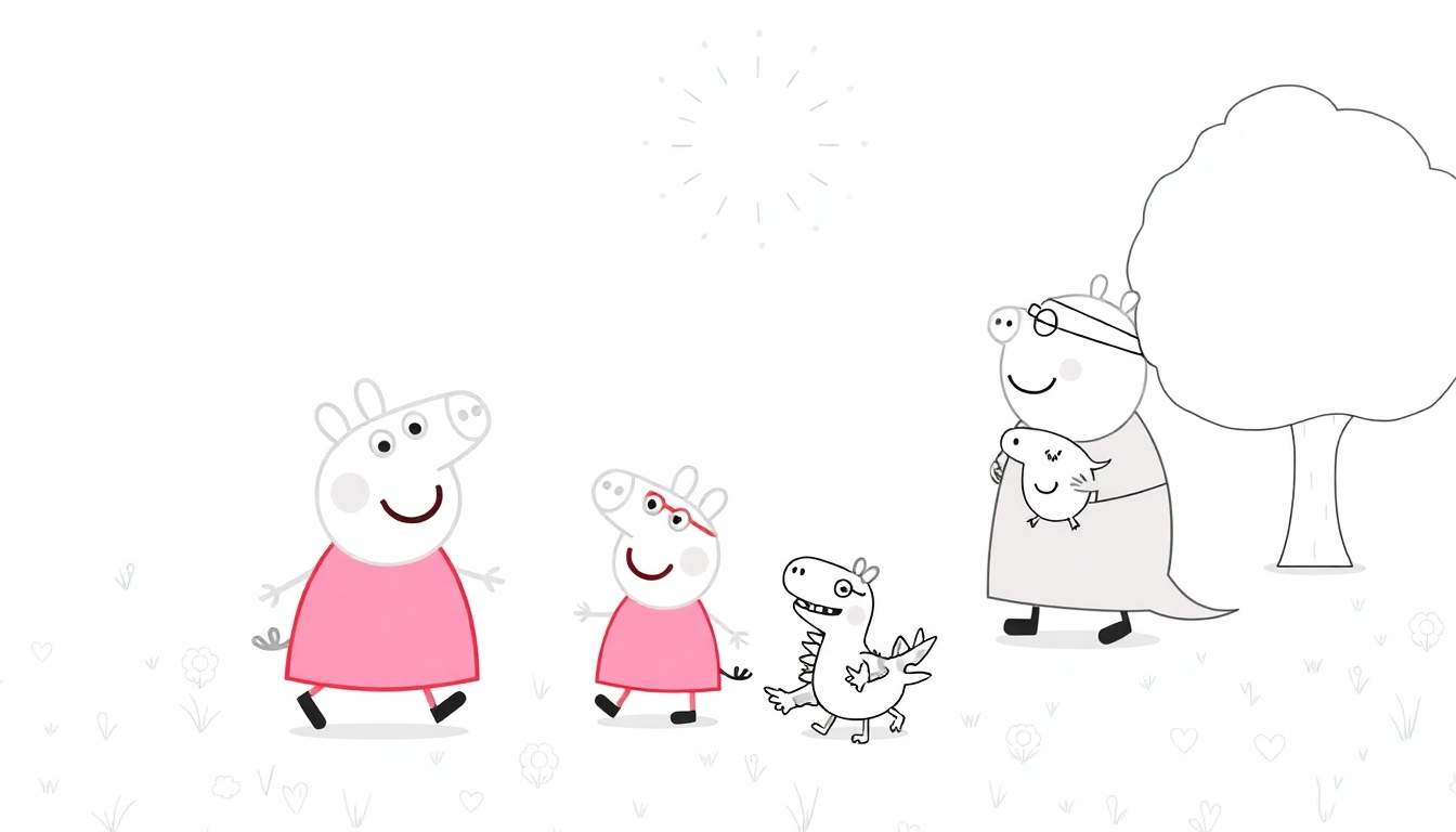 Peppa Pig e George com um dinossauro e Vovô Pig, todos sorrindo em um dia ensolarado, pronto para colorir.