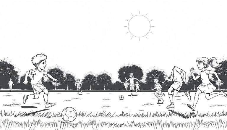 Um campo de futebol com crianças a jogar, com o sol a brilhar e árvores ao fundo. Color panel.