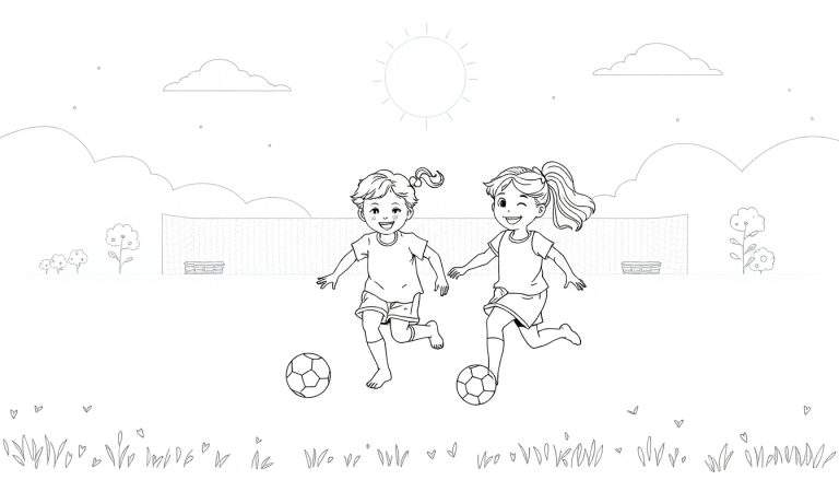 Duas meninas sorrindo jogam futebol em um campo ensolarado.
