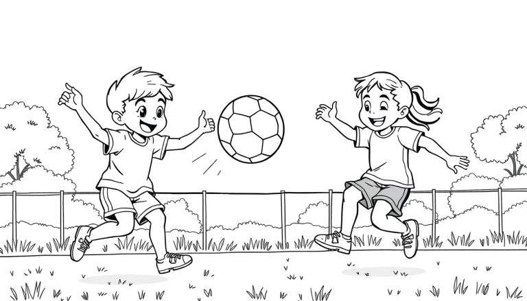 Ilustração em preto e branco de duas crianças, um menino e uma menina, a jogar futebol.