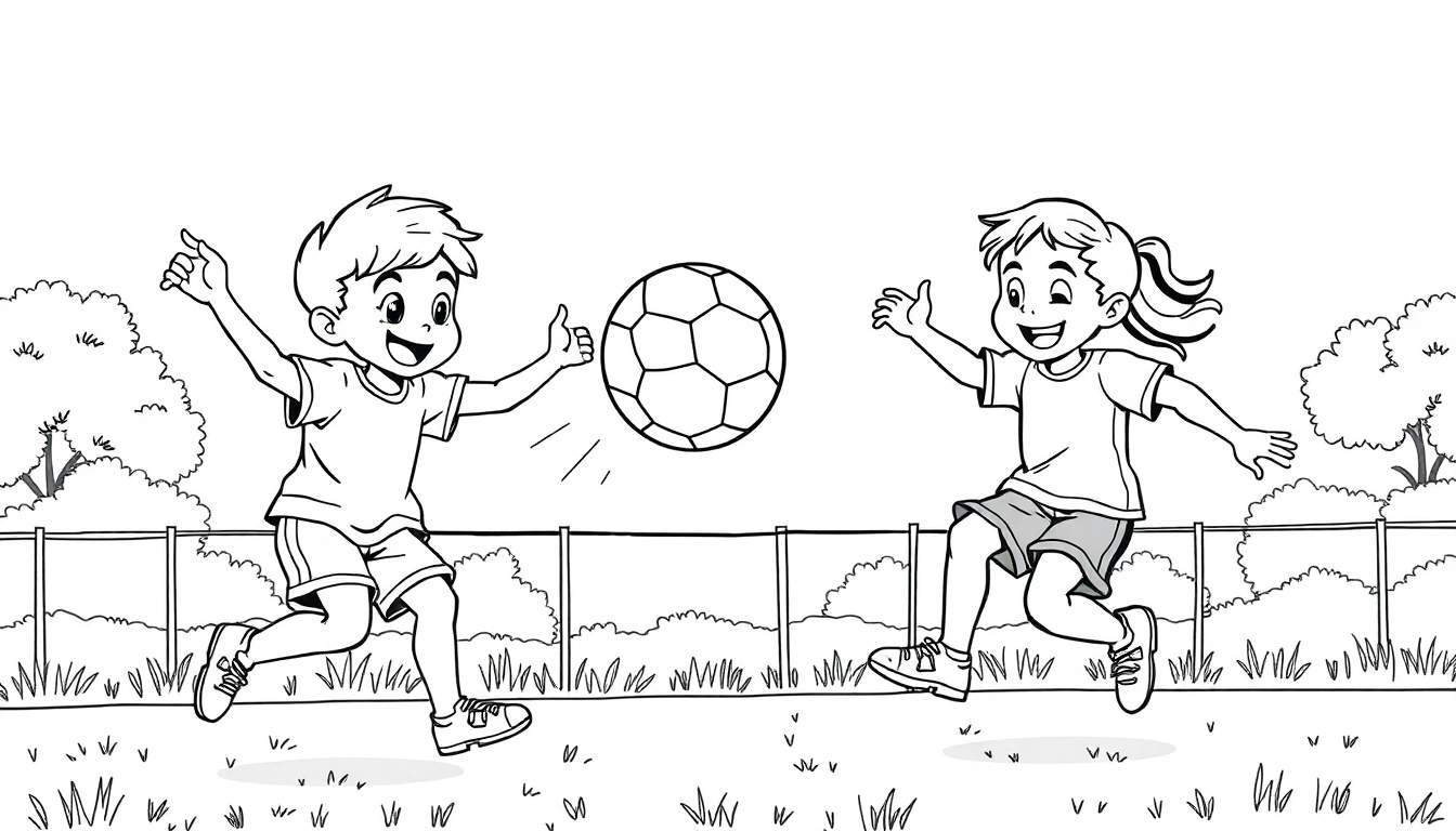 Ilustração em preto e branco de duas crianças, um menino e uma menina, a jogar futebol.