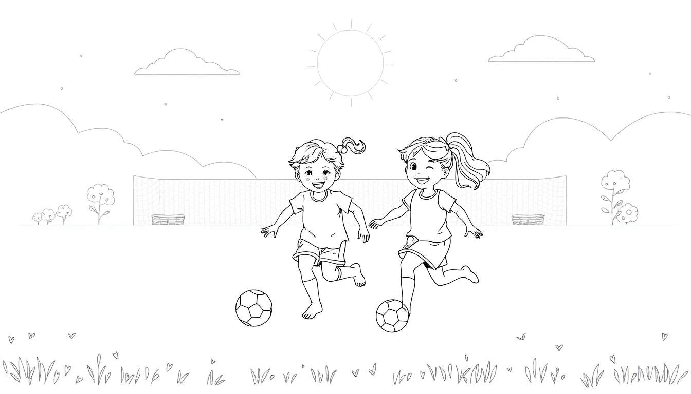 Duas meninas sorrindo jogam futebol em um campo ensolarado.