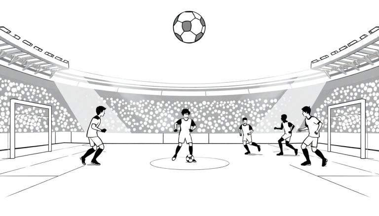 Um campo de futebol a preto e branco com jogadores e público. color panel