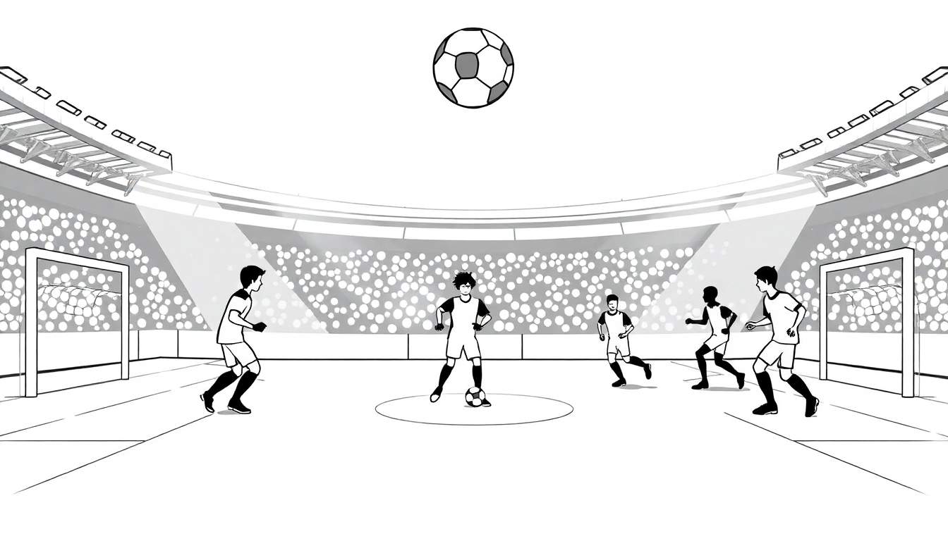 Um campo de futebol a preto e branco com jogadores e público. color panel