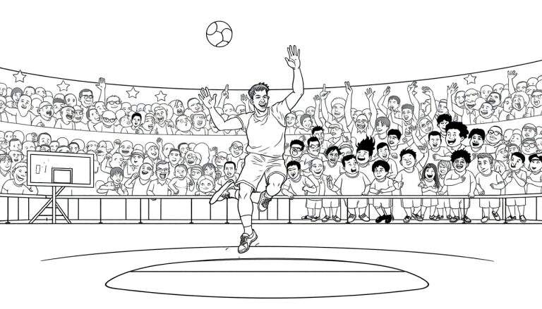 Desenho em preto e branco de um jogador de basquete comemorando uma cesta, cercado por uma multidão animada em um estádio.