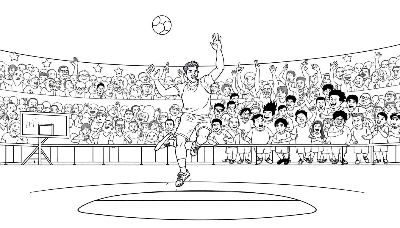 Desenho em preto e branco de um jogador de basquete comemorando uma cesta, cercado por uma multidão animada em um estádio.