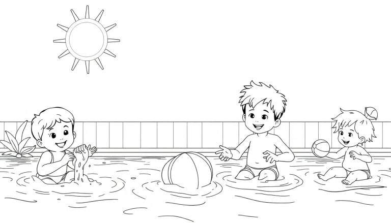 Três crianças sorrindo e brincando na piscina sob o sol, com cercadinho ao fundo.