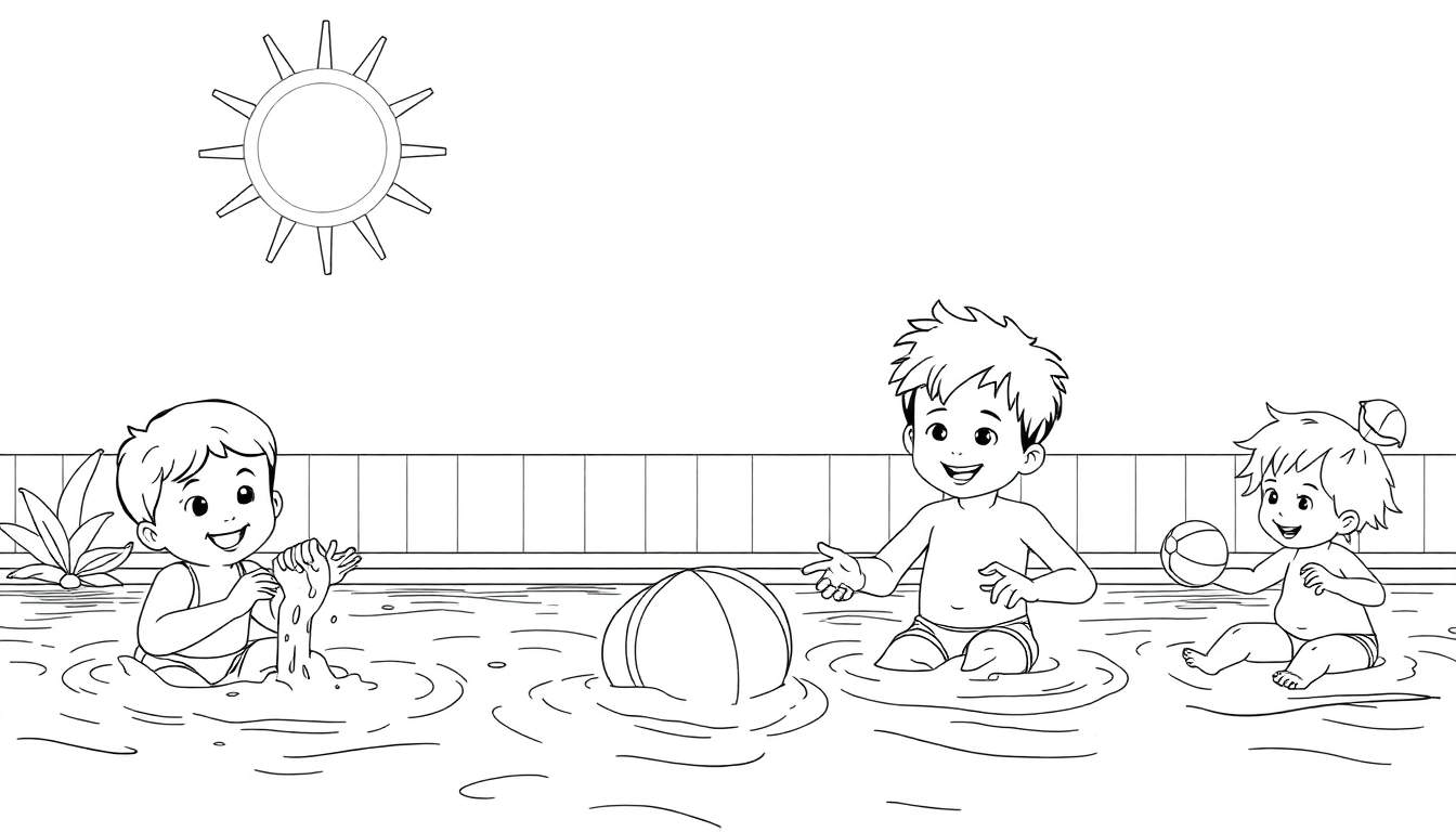 Três crianças sorrindo e brincando na piscina sob o sol, com cercadinho ao fundo.