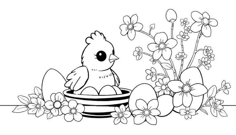 Um pintinho adorável em um ninho com ovos e flores, pronto para colorir. Um painel de cores para a Páscoa.
