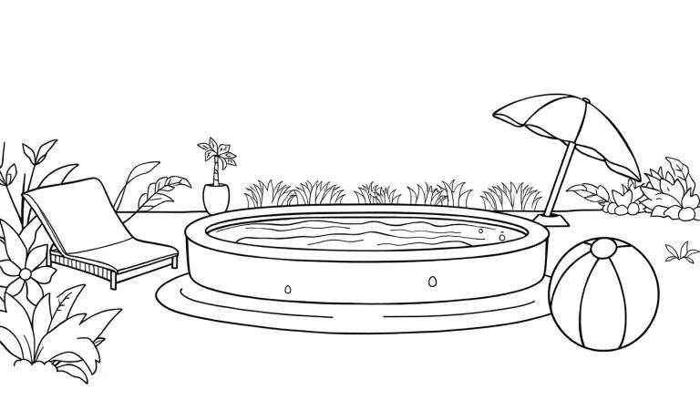 Desenho em preto e branco de um quintal com piscina, espreguiçadeira e guarda-chuva, perfeito para colorir. Este color panel convida à criatividade.