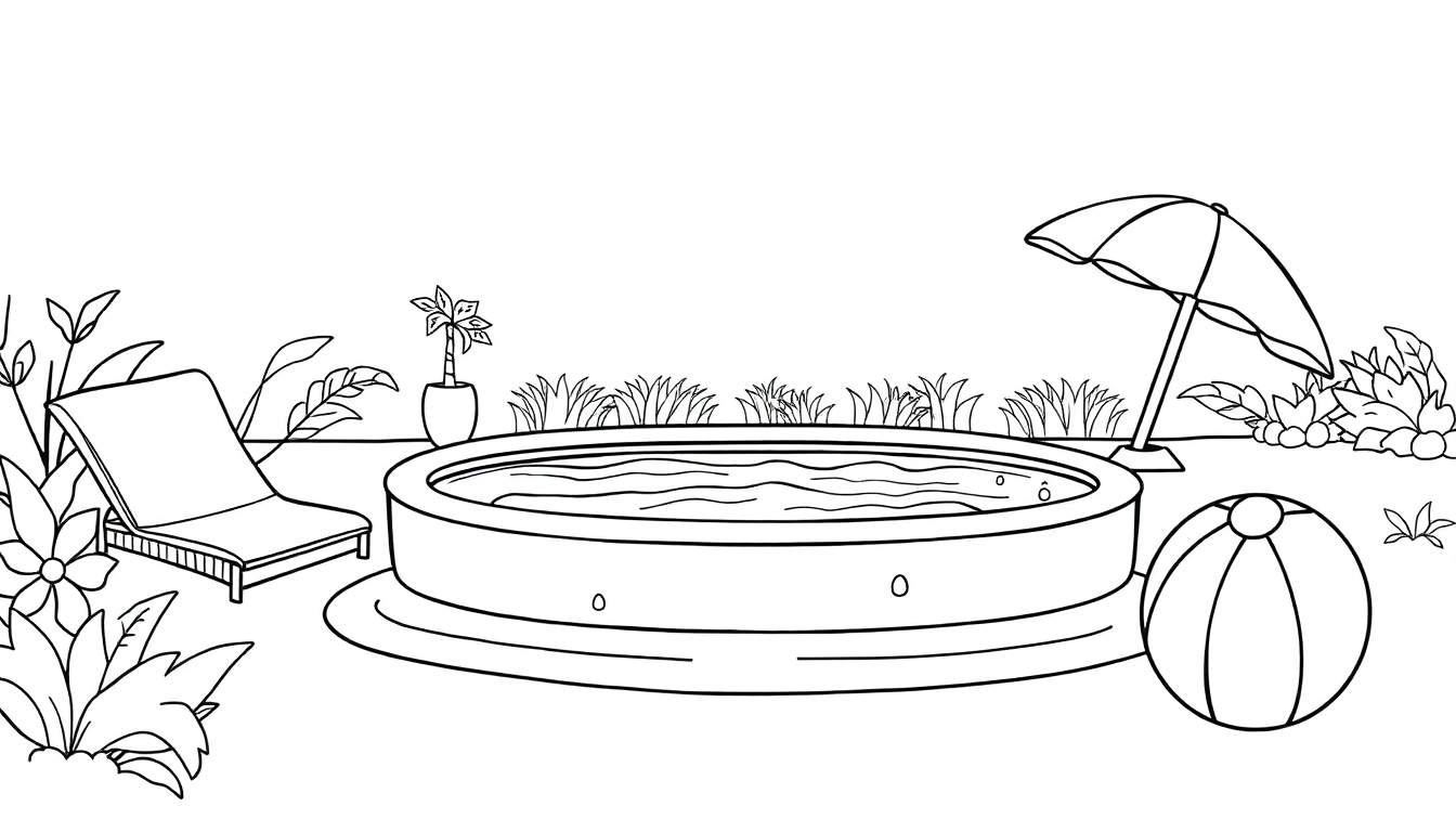 Desenho em preto e branco de um quintal com piscina, espreguiçadeira e guarda-chuva, perfeito para colorir. Este color panel convida à criatividade.