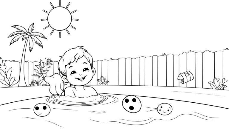 Um menino sorrindo na piscina com bolas de rostos felizes e uma palmeira, dentro de um color panel.