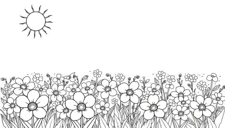 Um campo de flores em preto e branco, ideal para colorir, com um sol sorridente ao fundo.
