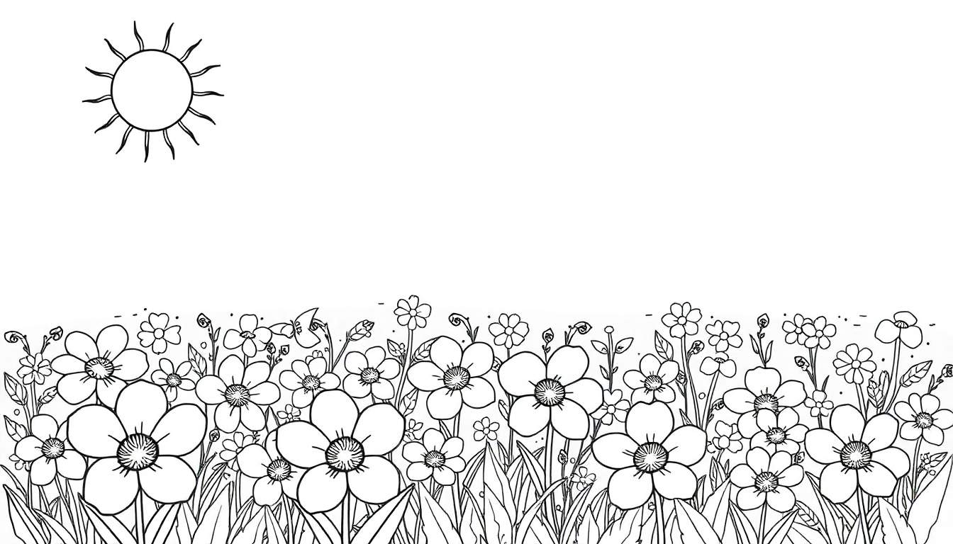 Um campo de flores em preto e branco, ideal para colorir, com um sol sorridente ao fundo.