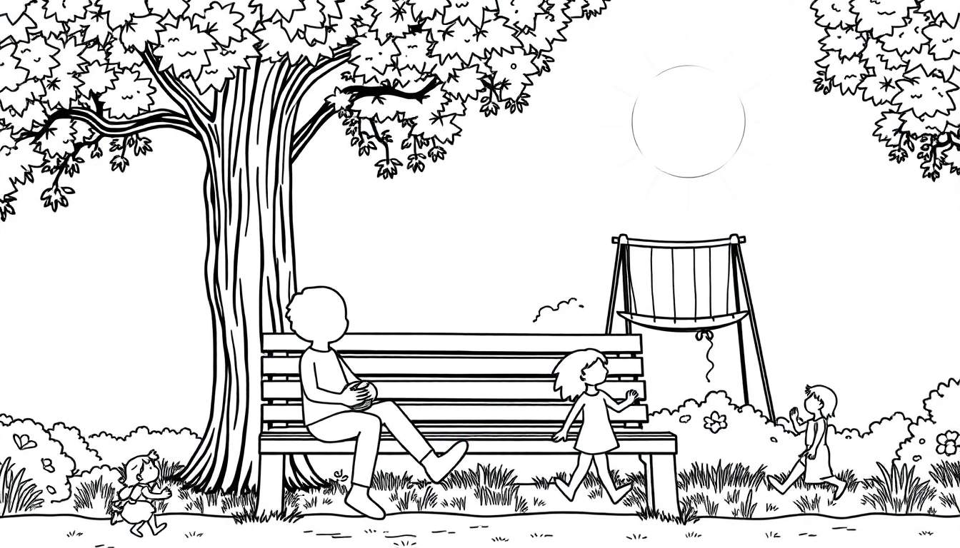 Desenho de um parque ensolarado com pessoas e um color panel para colorir.