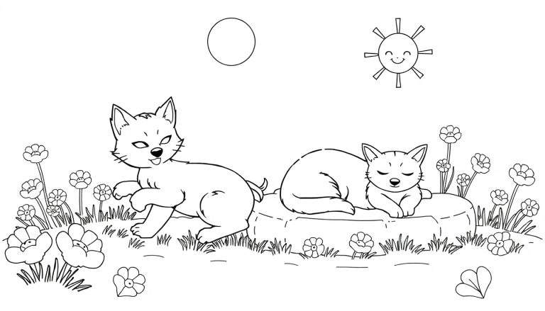 Desenho em preto e branco de dois gatos, um brincando e outro dormindo, com flores, sol e lua.