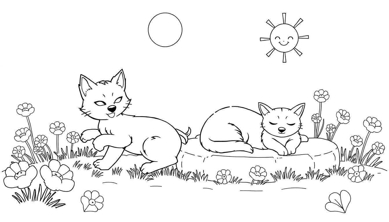 Desenho em preto e branco de dois gatos, um brincando e outro dormindo, com flores, sol e lua.