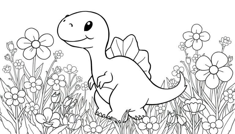 Um desenho de contorno de um pequeno dinossauro fofo em um campo de flores, com um design que sugere um color panel.