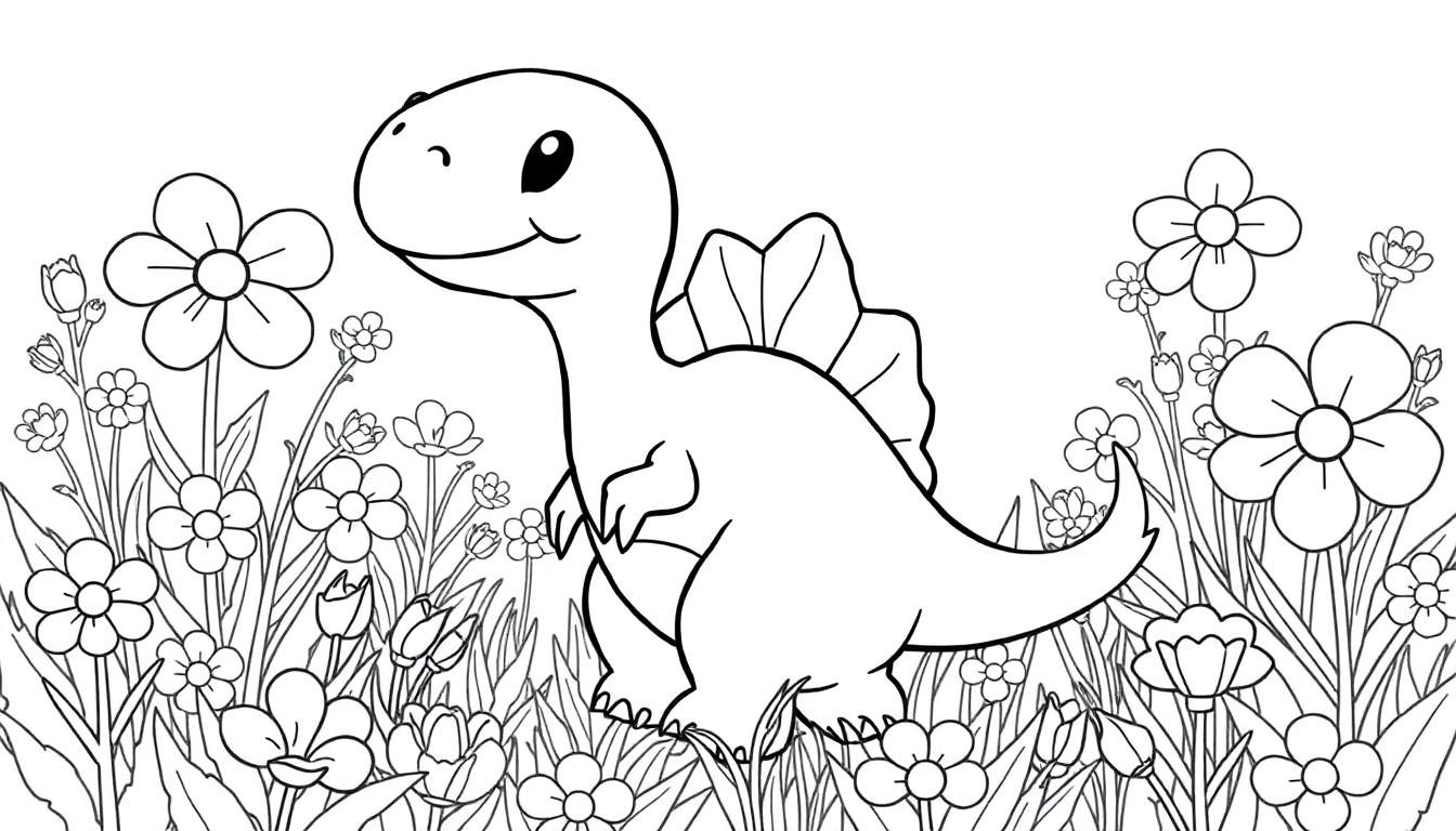 Um desenho de contorno de um pequeno dinossauro fofo em um campo de flores, com um design que sugere um color panel.