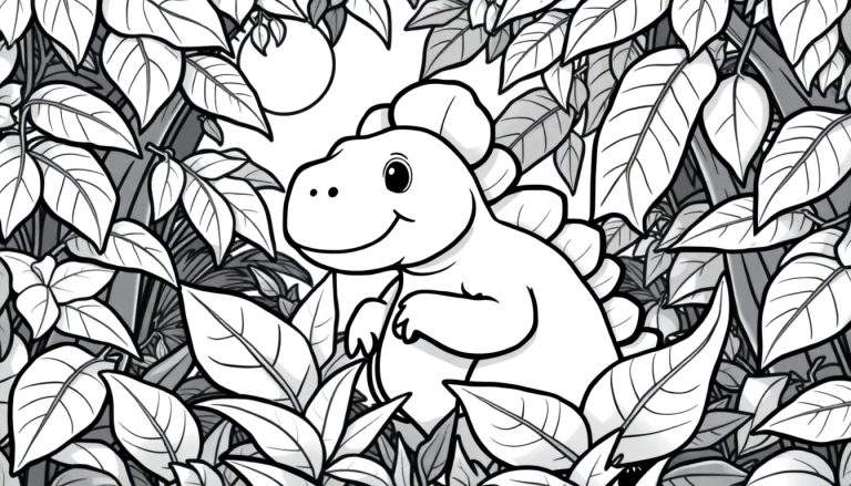 Desenho para colorir de um dinossauro bebê fofo com espinhos nas costas, em meio a folhas verdes.