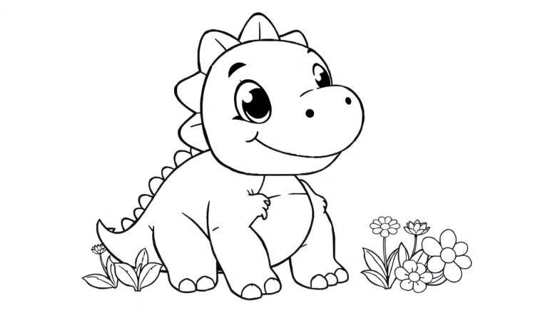 Um desenho de um dinossauro bebê fofo em preto e branco, sentado entre flores, pronto para ser colorido.
