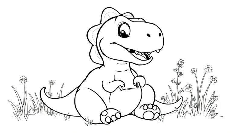 Um dinossauro T-Rex rechonchudo e amigável, em preto e branco, sentado em um campo de grama com flores circulares, pronto para colorir no color panel.