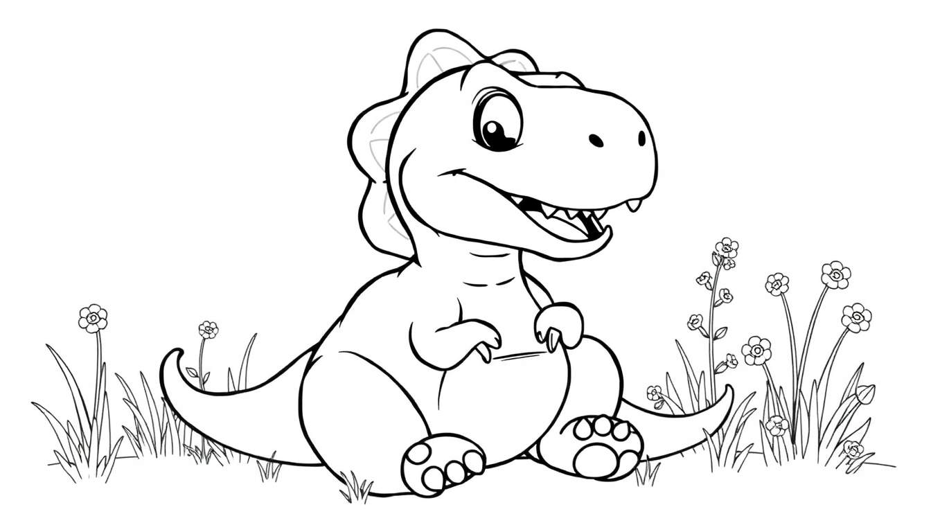 Um dinossauro T-Rex rechonchudo e amigável, em preto e branco, sentado em um campo de grama com flores circulares, pronto para colorir no color panel.