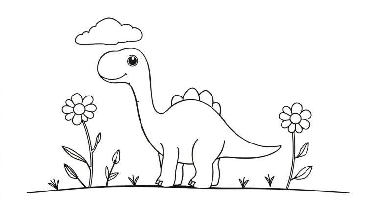 Um dinossauro sorridente para colorir em um jardim florido, pronto para o seu color panel.