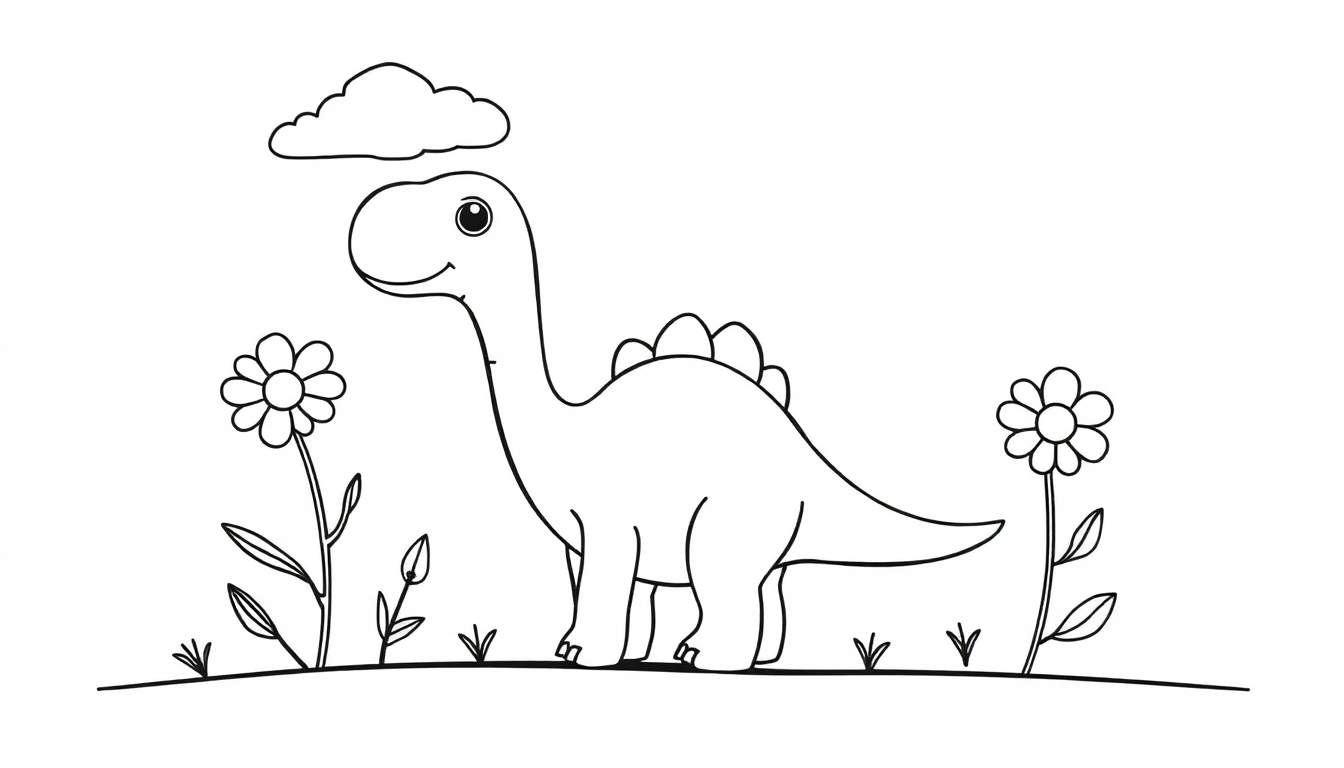 Um dinossauro sorridente para colorir em um jardim florido, pronto para o seu color panel.