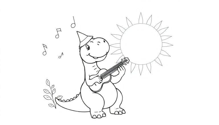 Um dinossauro fofo com chapéu de festa tocando ukulele, sob um sol sorridente, com notas musicais flutuando, perto de um pequeno arbusto. Um color panel para diversão.