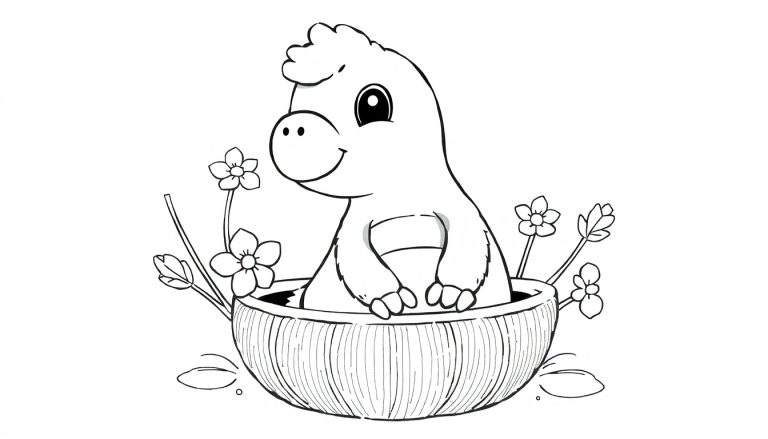 Um dinossauro adorável em uma cesta pronta para ser colorida no color panel.