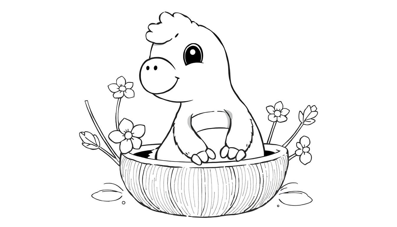Um dinossauro adorável em uma cesta pronta para ser colorida no color panel.