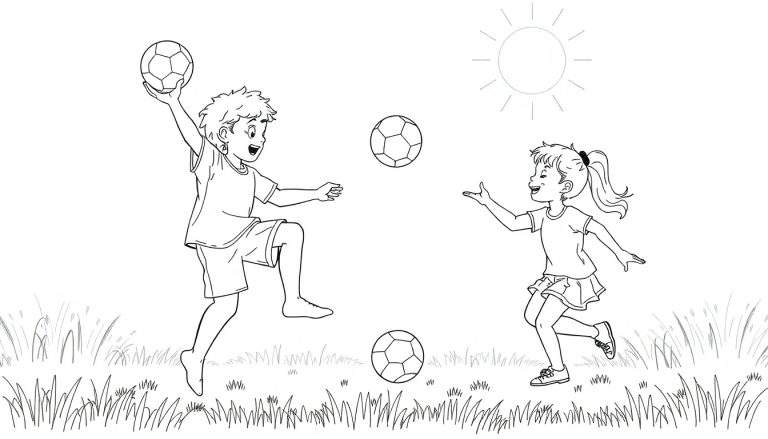 Desenho em preto e branco de um menino pulando e uma menina correndo para pegar bolas em um campo gramado sob um sol brilhante.