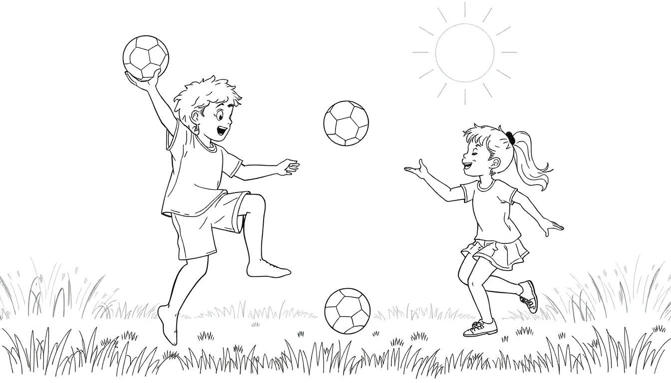 Desenho em preto e branco de um menino pulando e uma menina correndo para pegar bolas em um campo gramado sob um sol brilhante.