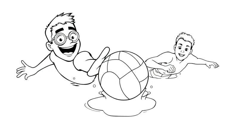 Dois meninos a jogar à bola na água em preto e branco, um com óculos, com um estilo de desenho animado.