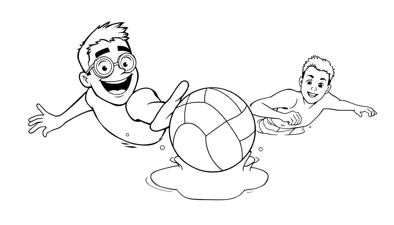 Dois meninos a jogar à bola na água em preto e branco, um com óculos, com um estilo de desenho animado.