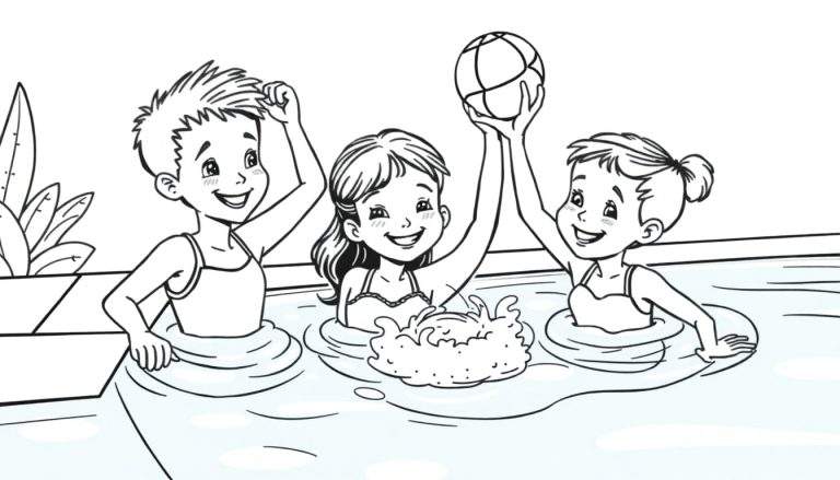 Crianças a jogar polo aquático numa piscina colorida.