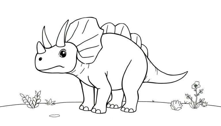 Um Triceratops para colorir em preto e branco, com três chifres e um escudo grande.