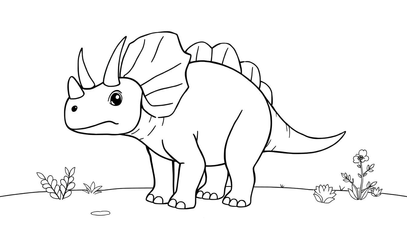 Um Triceratops para colorir em preto e branco, com três chifres e um escudo grande.