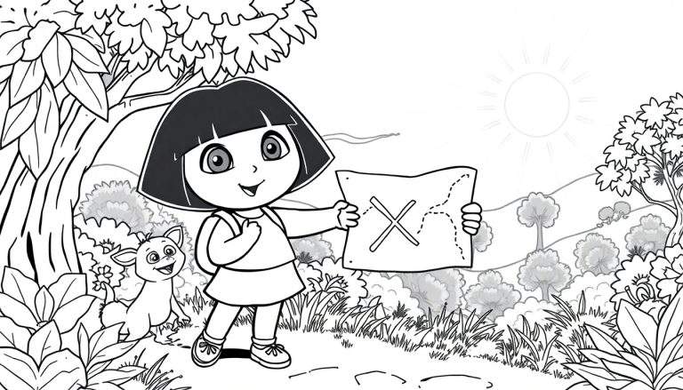 Dora e Boots com um mapa do tesouro, com um sol brilhando e paisagem verde ao fundo.