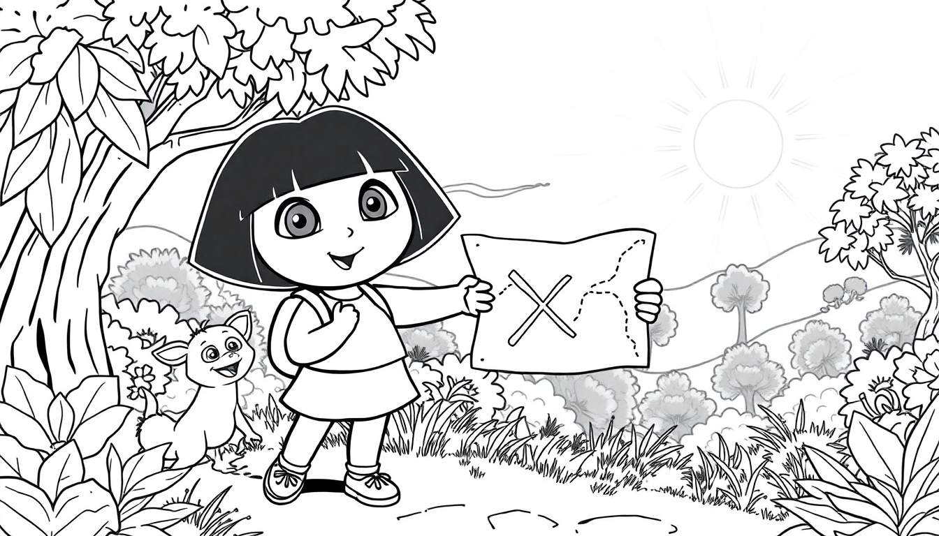 Dora e Boots com um mapa do tesouro, com um sol brilhando e paisagem verde ao fundo.