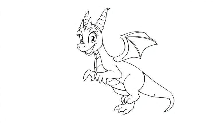 Um desenho em preto e branco de um dragão fêmea sorridente em estilo cartoon, com asas pequenas e três chifres finos.