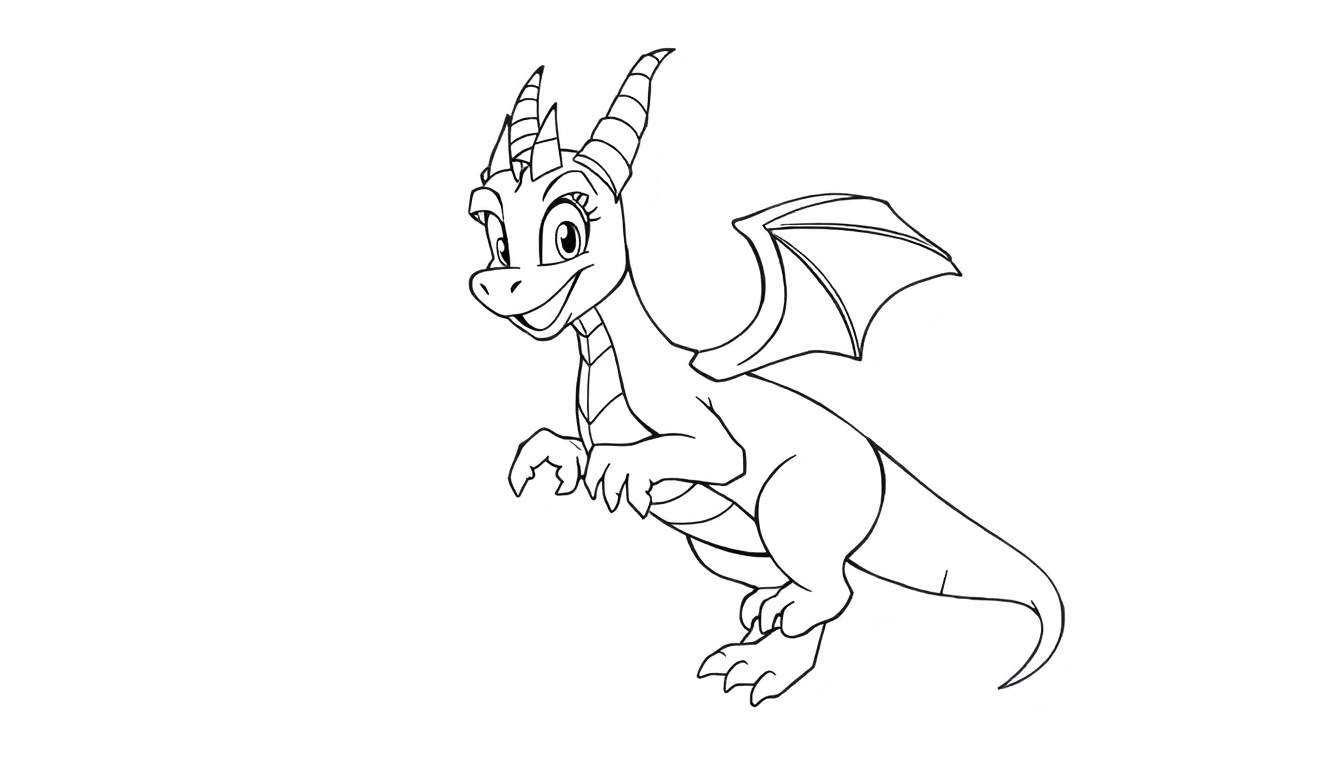 Um desenho em preto e branco de um dragão fêmea sorridente em estilo cartoon, com asas pequenas e três chifres finos.