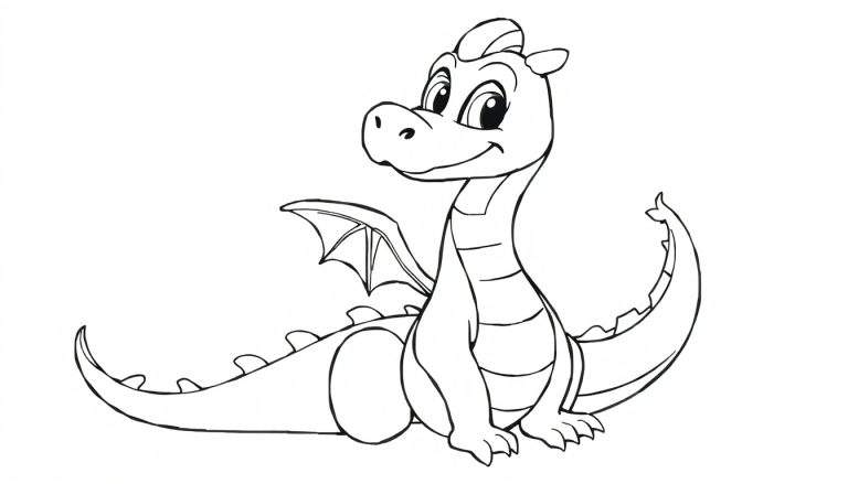 Um dragão fofo para colorir, sentado e sorrindo, com asas e cauda curvas.