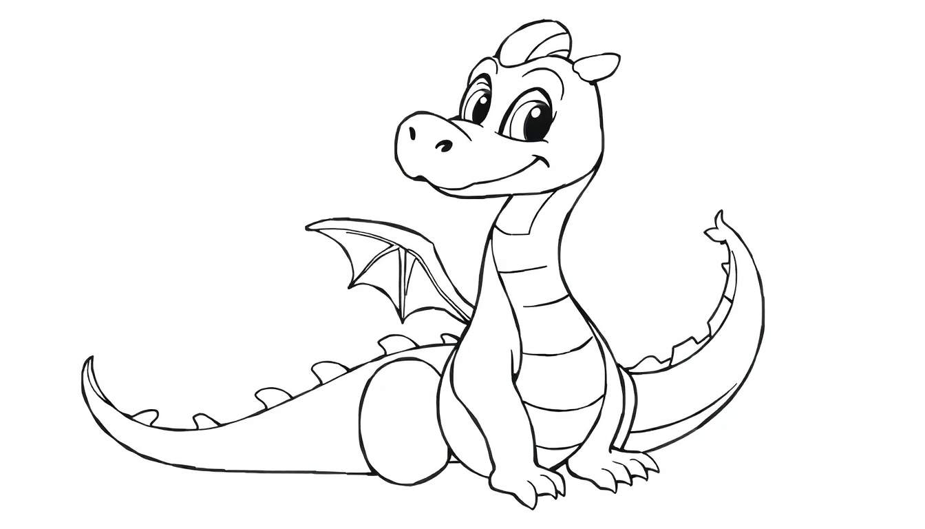 Um dragão fofo para colorir, sentado e sorrindo, com asas e cauda curvas.