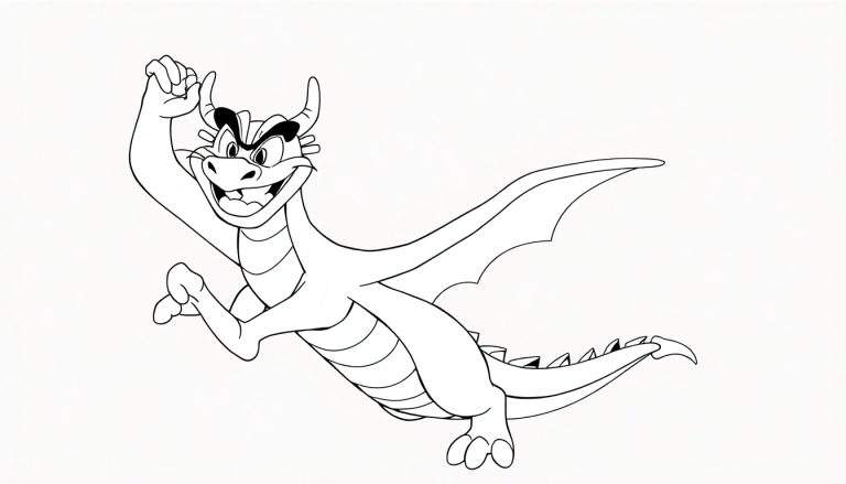 Um dragão de desenho animado preto e branco com uma expressão travessa, asas abertas e um chifre.
